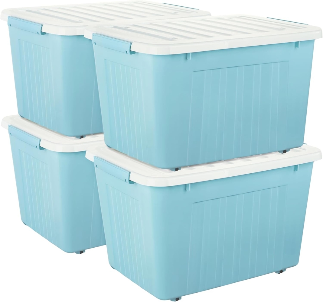Cetomo 80L*4 Aufbewahrungsboxen mit Deckeln, Kunststoff-Aufbewahrungsbox mit Rollen und Clips, Kunststoffbox für Zuhause und Büro, BPA-frei, Nestbar, Stapelbar, Blau, 80L-4er Pack Bild 1