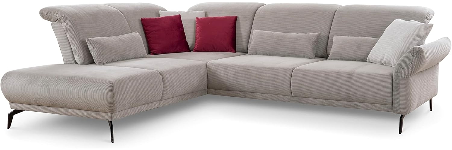 CAVADORE Ecksofa Cooper / Luftige Eckcouch mit Ottomane links, Armteilverstellung, Kopfteilverstellung und Sitztiefenverstellung / 294 x 88 x 242 / Cord, Hellgrau Bild 1