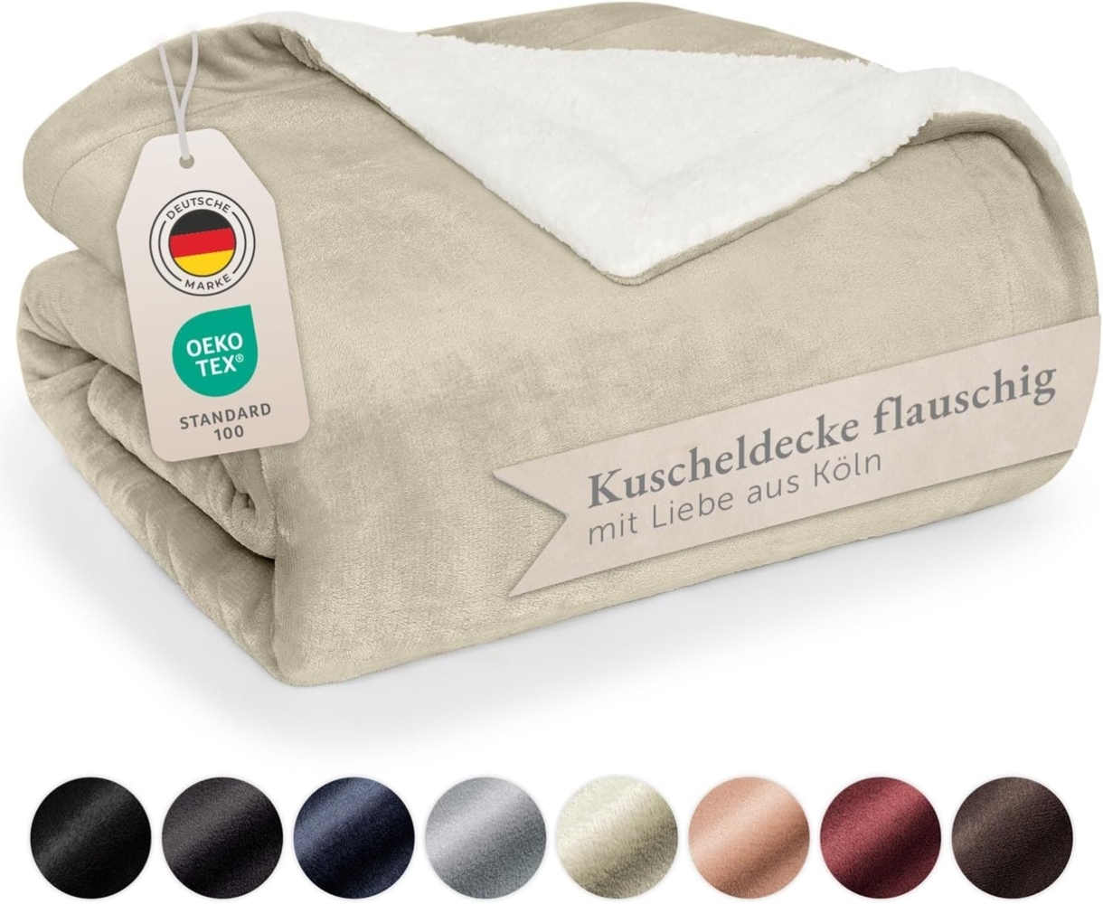 Blumtal Premium Sherpa Kuscheldecke 220x240 cm - warme Decke Oeko-TEX® zertifizierte Dicke Sofadecke, Tagesdecke oder Wohnzimmerdecke, Sand - beige Bild 1