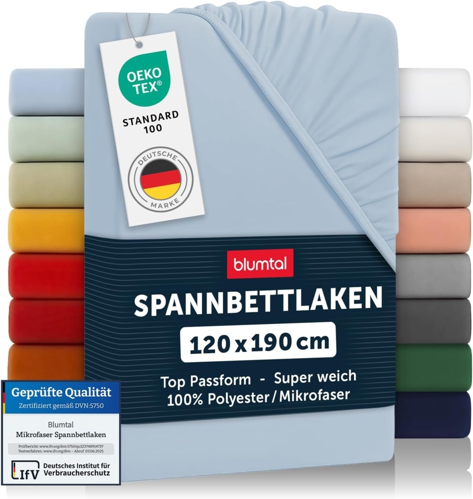 Blumtal® Spannbettlaken 120x190 cm - Bettlaken 120x190 Spannbettlaken aus Microfaser - Spannbetttuch 120x190 cm - Spannleintuch 120x190 - Leintuch 120x190 cm - Bettbezug 120x190 - Laken - Hellblau Bild 1