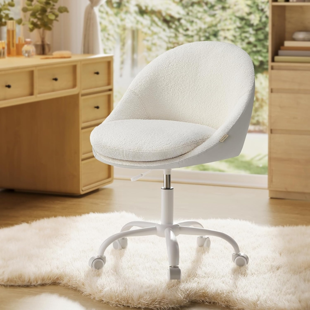Songmics Homeoffice Stuhl, Drehstuhl aus Sherpa, Schreibtischstuhl, Schaumstoffpolsterung, höhenverstellbar, für Arbeitszimmer, Schlafzimmer, cappuccinobeige-wolkenweiß Bild 1