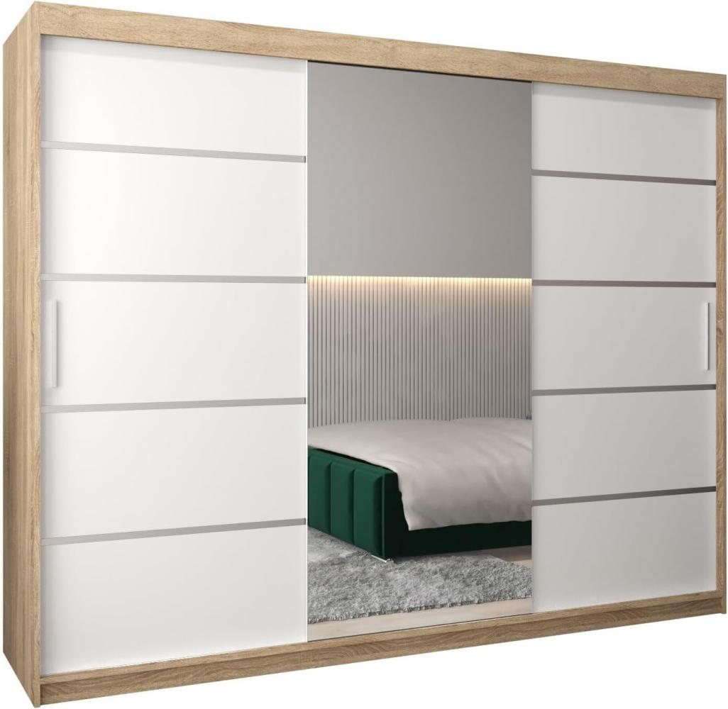 Schwebetürenschrank Verona 2-250cm mit Spiegel Kleiderschrank mit Kleiderstange und Einlegeboden Schlafzimmer- Wohnzimmerschrank Schiebetüren Modern Design (Sonoma + Weiß) Bild 1