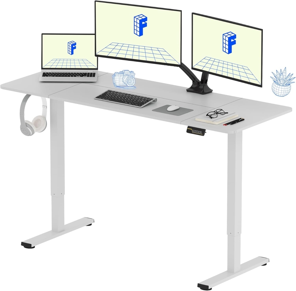 FLEXISPOT Höhenverstellbarer Schreibtisch Basic Plus 160x60 cm - Ergonomisches Sitz-Stehpult mit Haken - Memory-Handsteuerung(Weiß) Bild 1