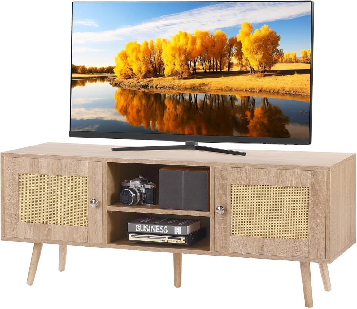 VEVOR Rattan-TV-Ständer, Fernsehschrank Boho-TV-Schrank für 140 cm Fernseher, Retro-TV-Ständer, Rattan-TV-Konsole mit verstellbaren Regalen & 2 Türen, für Wohnzimmer, Medienraum, Eiche Bild 1