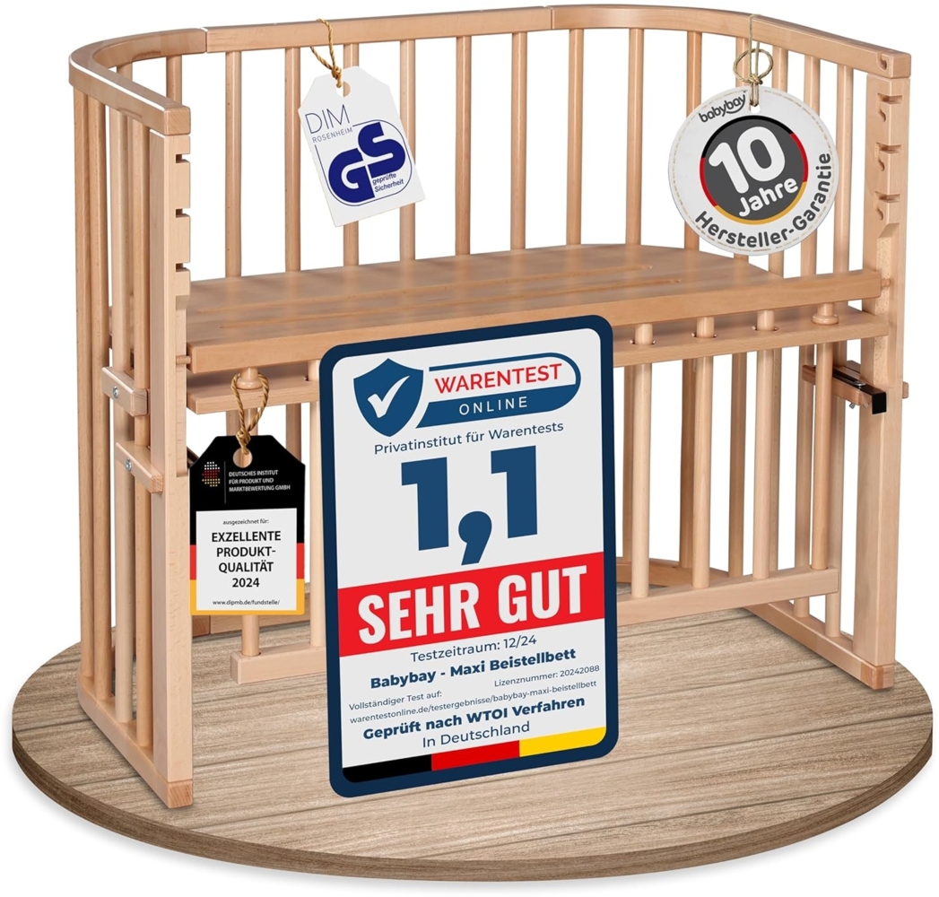 babybay Maxi Comfort Plus Beistellbett & Stubenwagen aus massivem Buchenholz / Zustellbett mit Verschlussgitter / stufenlos verstellbar & umweltfreundlich / mitwachsendes Babybett (weiß lackiert) Bild 1