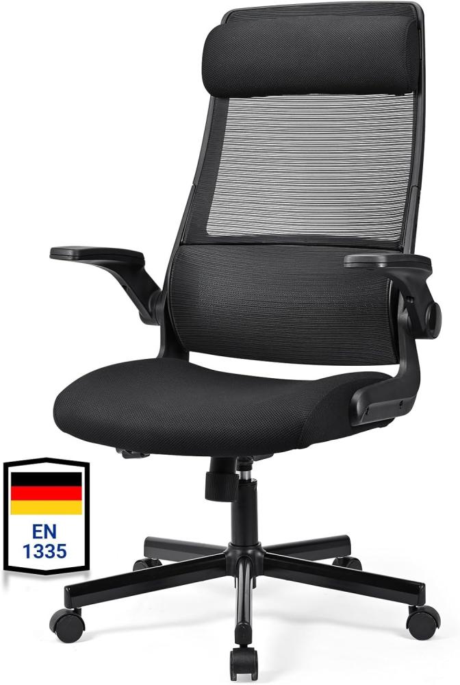 MELOKEA Bürostuhl Ergonomisch, Schreibtischstuhl aus Mesh mit Hochklappbaren Armlehnen, Computer Drehstuhl mit Verstellbare Kopfstützenarme und Lendenwirbelstütze, Chefsessel hat Wippfunktion Schwarz Bild 1