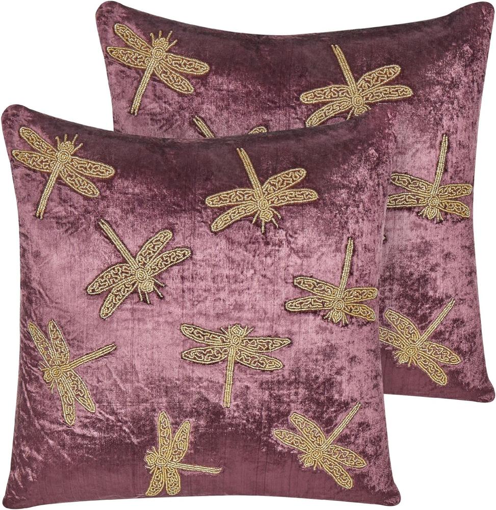 Kissen 2er Set DAYLILY Samtstoff 45 x 45 cm Tiermuster Stickerei Violett Bild 1