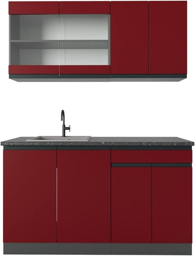 Vicco Küchenzeile R-Line, Rot/Anthrazit, 140 cm J-Shape Bild 1