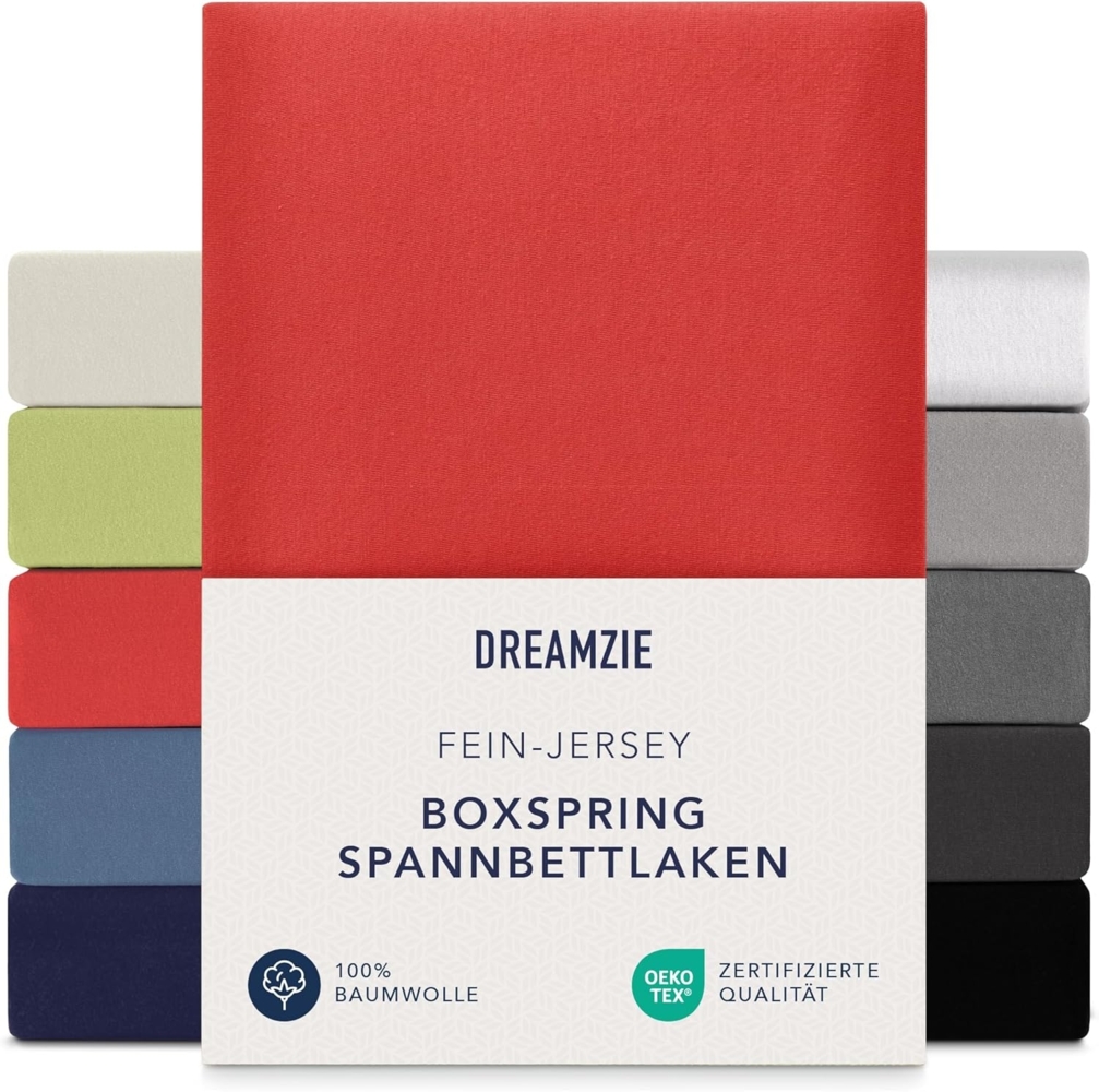 Dreamzie Premium Spannbettlaken 90x200 cm - 100x200 cm - 37cm Seitenhöhe - auch für Boxspringbett & Wasserbett - Bettlaken Boxspringbett 100% Jersey Baumwolle, 150 g/m² - Oeko-TEX - Rot Bild 1