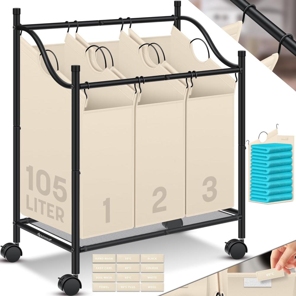 KESSER® Wäschekorb Wäschesammler Wäschesortierer mit abnehmbaren Stofftaschen | Wäschebox mit 12 Waschhinweisen 360° Rollen mit Bremse Wäsche-Sortiersystem Wäschewagen Beige, 3 Fächer Bild 1