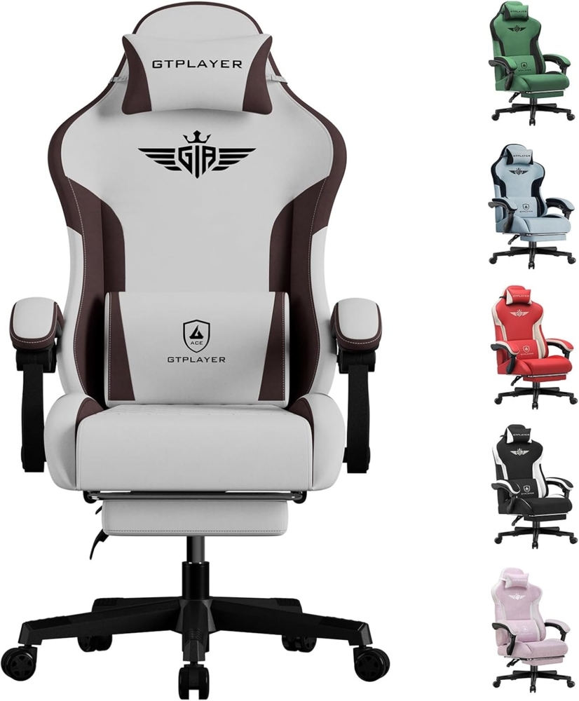 GTPLAYER Gaming Stuhl, Ergonomischer Gamer Stuhl aus Stoff mit Lendenwirbelstütze, PC-Stuhl mit verbreiterter Rückenlehne, Belastbar bis 150 kg, Braun Bild 1