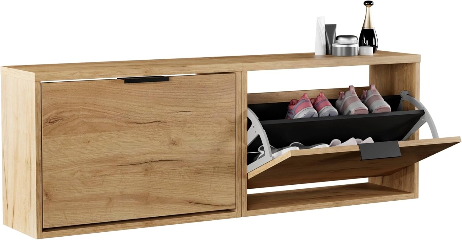 Planetmöbel 2 x Schuhschrank schmal mit 1 Klappe platzsparender Schuhregal mit 2 Ablagen, Schuhkommode für Diele, Flur, Garderobe 60 x 23 x 42,5 cm, Gold Eiche Bild 1