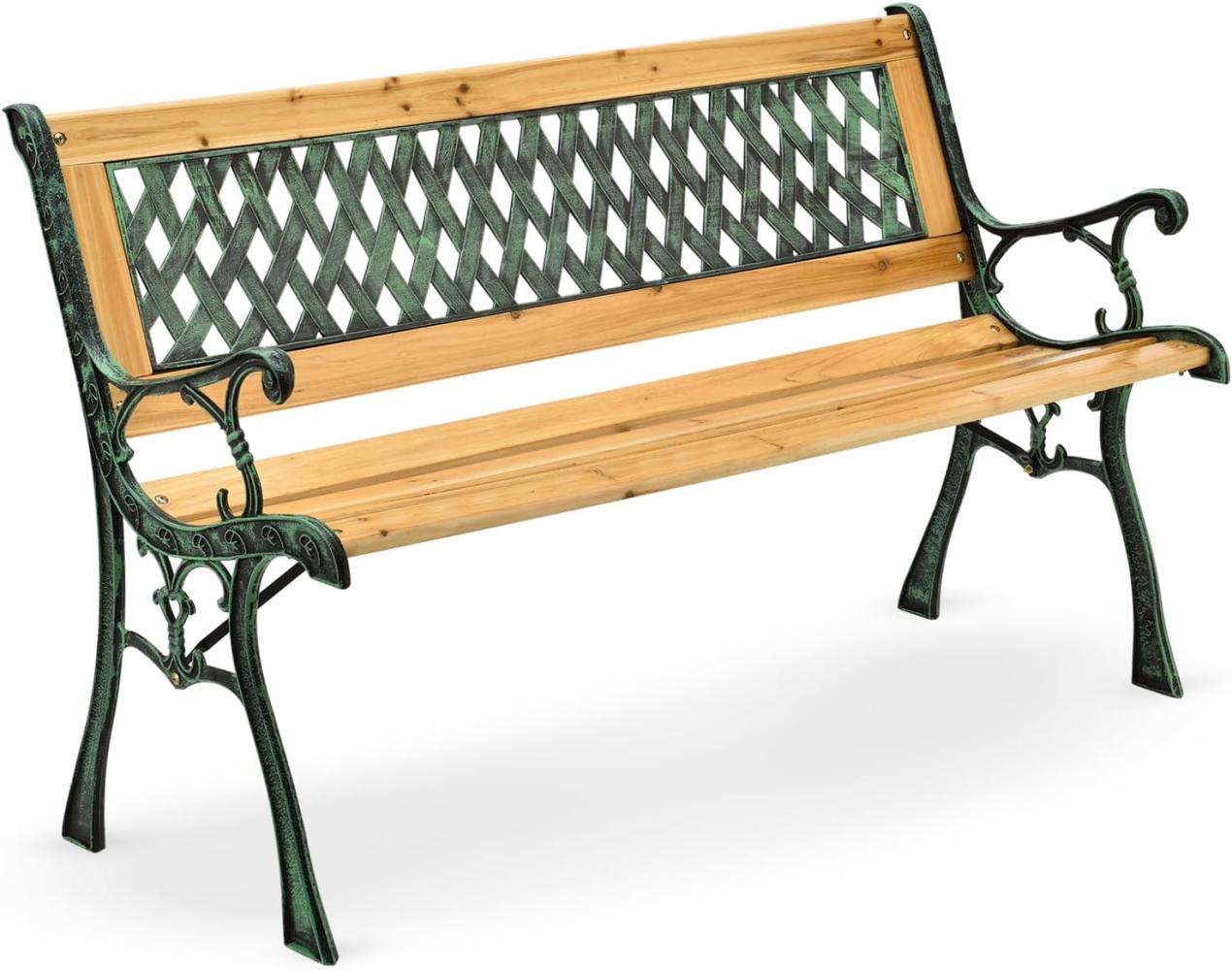 Juskys Gartenbank Pisa – 2-Sitzer Holzbank mit Armlehnen & Rückenlehne – wetterfeste Sitzbank 122x54x73 cm - Seitenelemente aus Gusseisen Bild 1