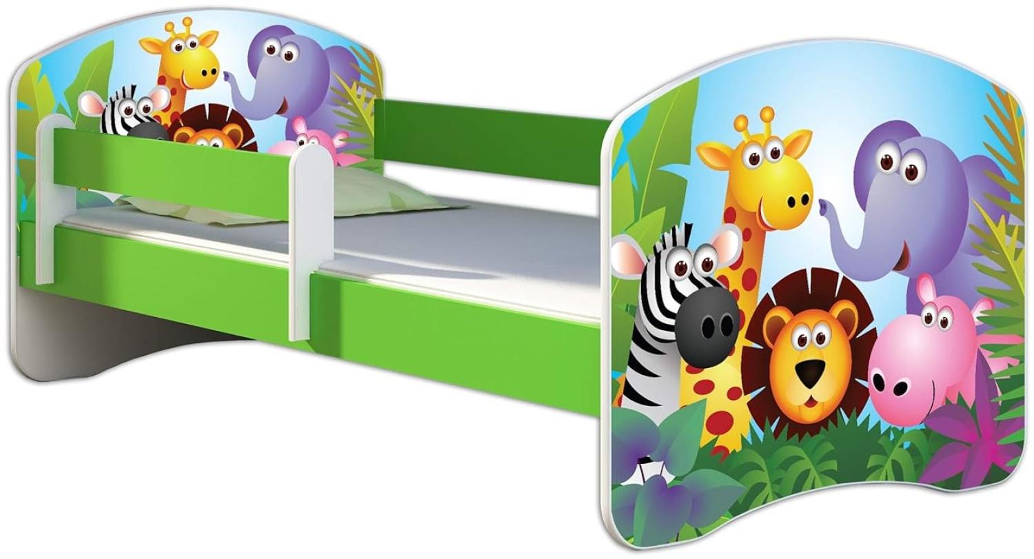 ACMA Kinderbett Jugendbett mit Einer Schublade und Matratze Grün mit Rausfallschutz Lattenrost II 140x70 160x80 180x80 (01 Zoo, 180x80) Bild 1