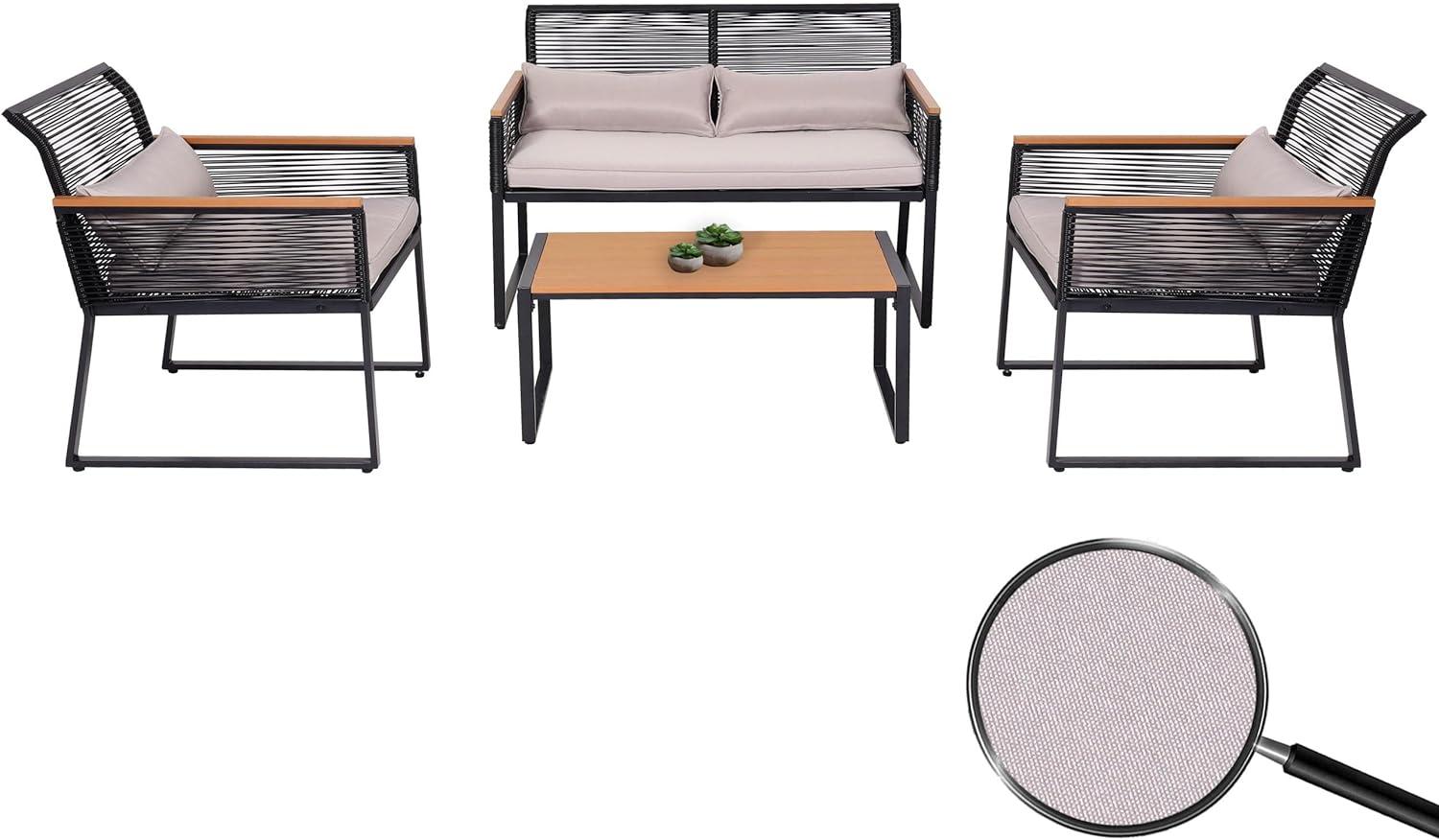 Garten-Garnitur HWC-K42, Gartenlounge Lounge-Set Sitzgruppe Sofa, Seilgeflecht Rope Holzoptik Stahl, Polster hellgrau Bild 1