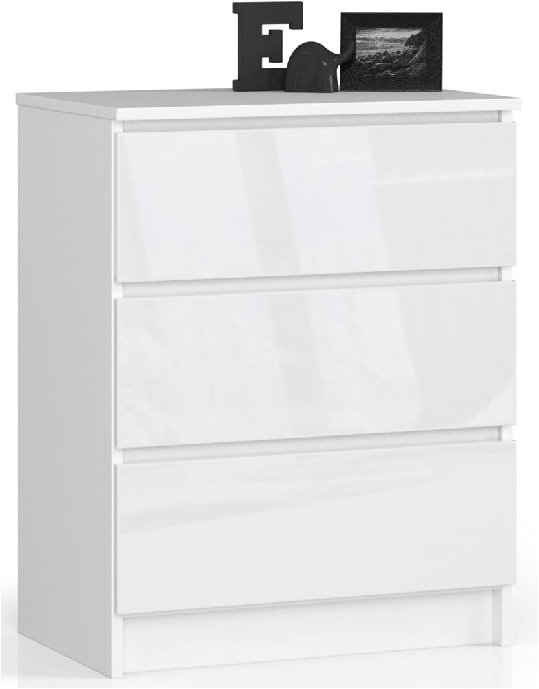 Kommode K60 mit 3 Schubladen | für das Wohnzimmer Schlafzimmer Schrank Büro Arbeitszimmer | Modernes Funktionales Design | B60 x H77 x T40 cm, Gewicht 25 kgWeiß/Weiß Glänzend Bild 1