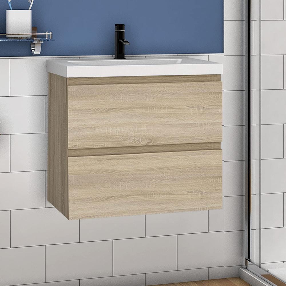 Waschtisch mit Unterschrank 60 cm Badmöbel Set mit Waschbecken Mineralguss Gäste WC Eiche Matt Bild 1