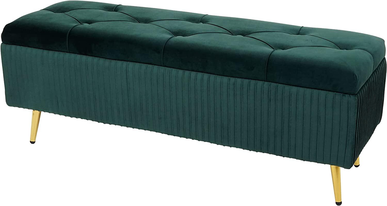 Sitzbank mit Stauraum HWC-K50, Polsterbank Aufbewahrungstruhe Garderobenbank Bank, Samt Metall 120x40 cm ~ grün Bild 1