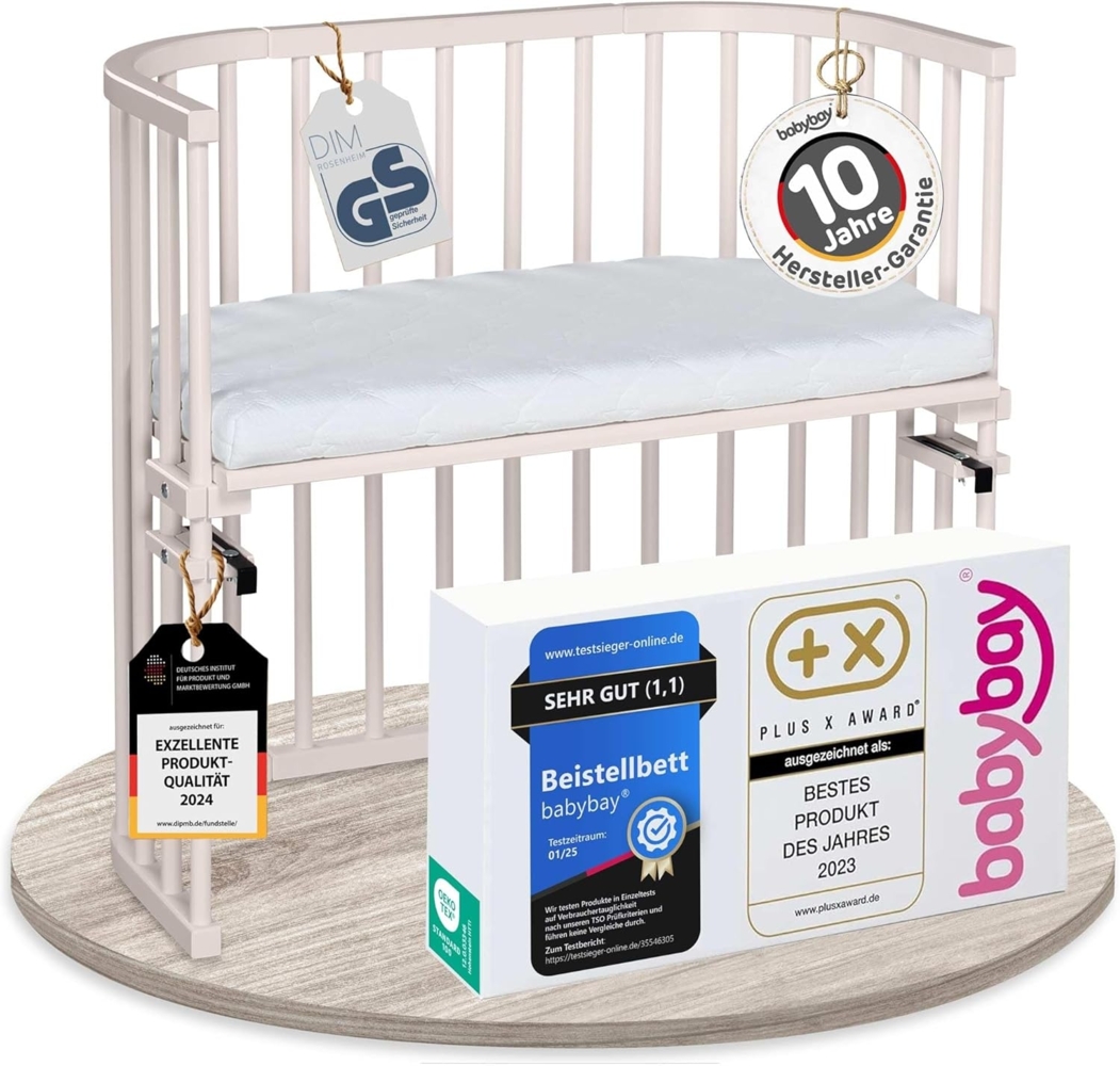 babybay Original Beistellbett aus massivem Buchenholz/kompakt & verwandelbar/Kinderbett Höhe stufenlos verstellbar & umweltfreundlich/mitwachsendes Babybett (beige lackiert) / inkl. Matratze Bild 1