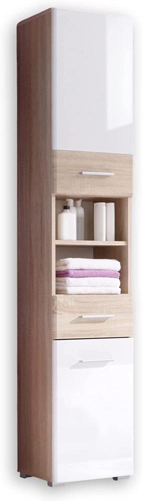 BAROLO Badezimmer Hochschrank in Sonoma Eiche Optik, Weiß Hochglanz - Badezimmerschrank Bad Schrank mit viel Stauraum - 38 x 190 x 31 cm (B/H/T) Bild 1