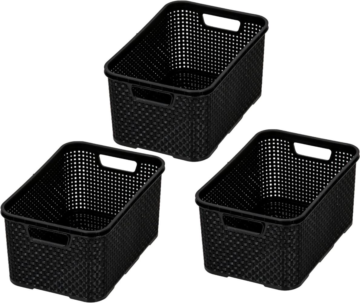 BranQ - Home essential Korb in Rattan Design 3er Set Grösse M 10 l, BPA-frei Kunststoff PP, Schwarz, 28,8x19,7x16,2 cm, 3 Stk. Bild 1