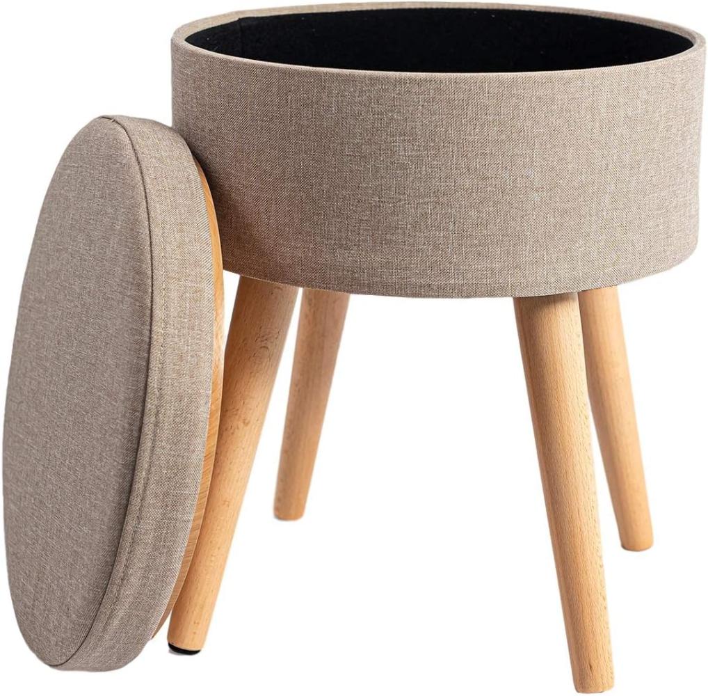 Theo&Cleo Hocker mit Stauraum,Sitzhocker Holzbeine,Runder Hoher Schemel,Aufbewahrung Schlafzimmer mit Deckel,Schminktisch Stuhl,Fußhocker für Wohnzimmer,Soft Sitzkissen aus Linen,36cm*36cm*45cm Beige Bild 1