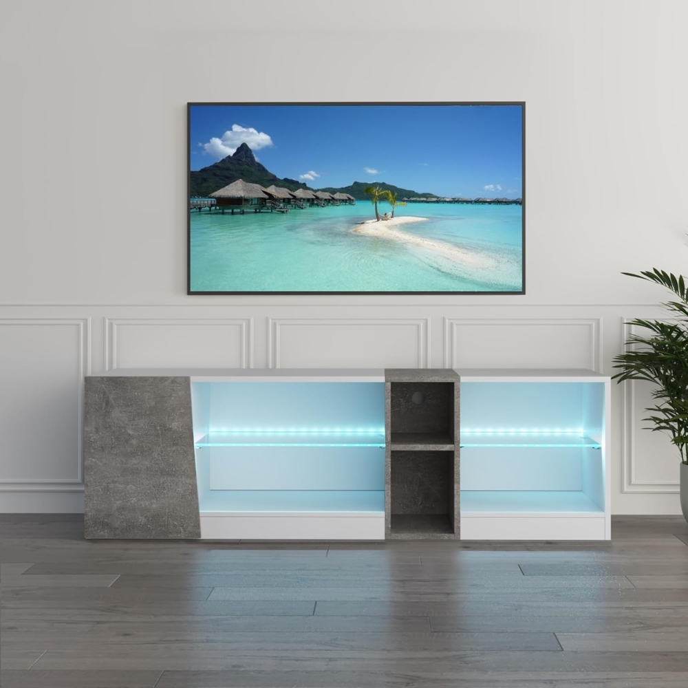 Mondeer Lowboard LED TV-Schrank, Breite 140cm mit 5 offenen Fächern und 1 Tür, Weiß und Grau Bild 1