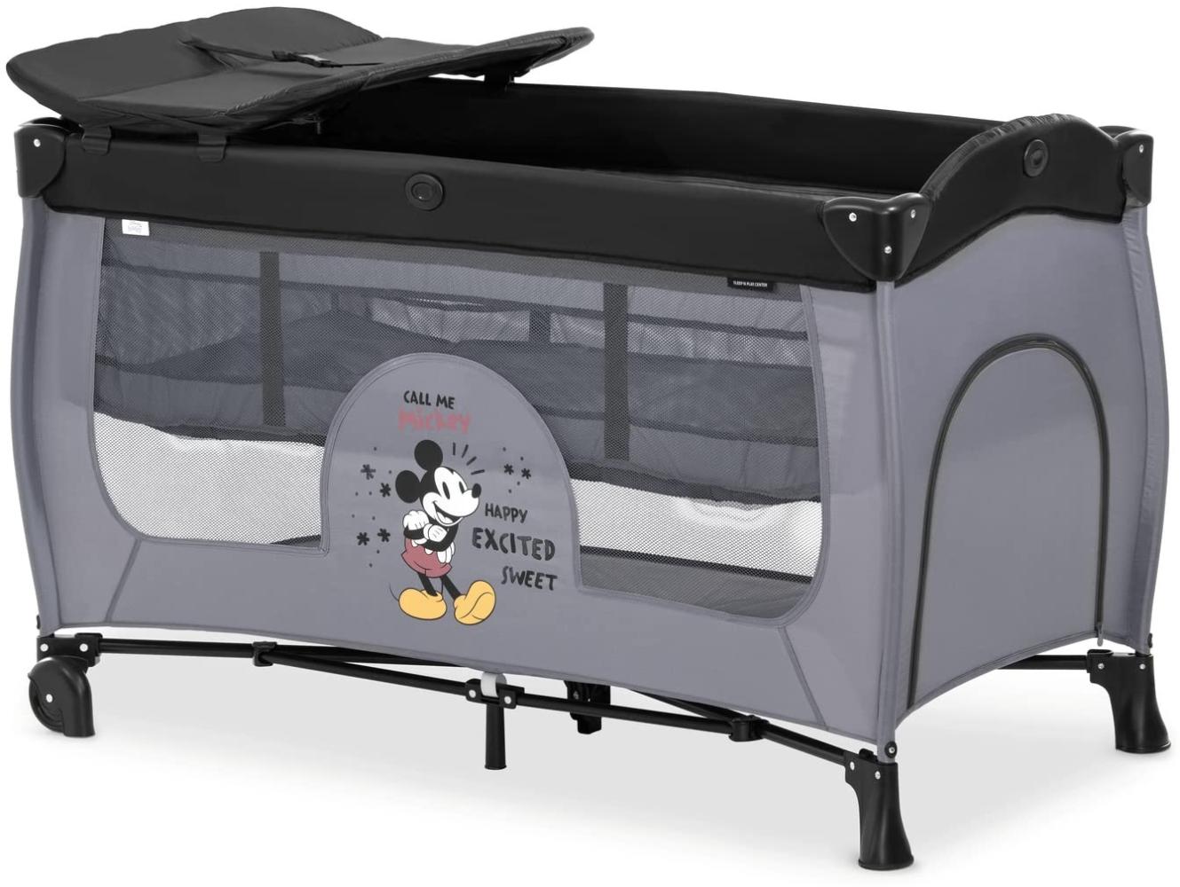 Hauck Baby-Reisebett Sleep'n Play Center - Disney - Mickey Mouse Grey, Reisebett mit Wickelauflage, höhenverstellbar, Rollen & Einstieg Bild 1