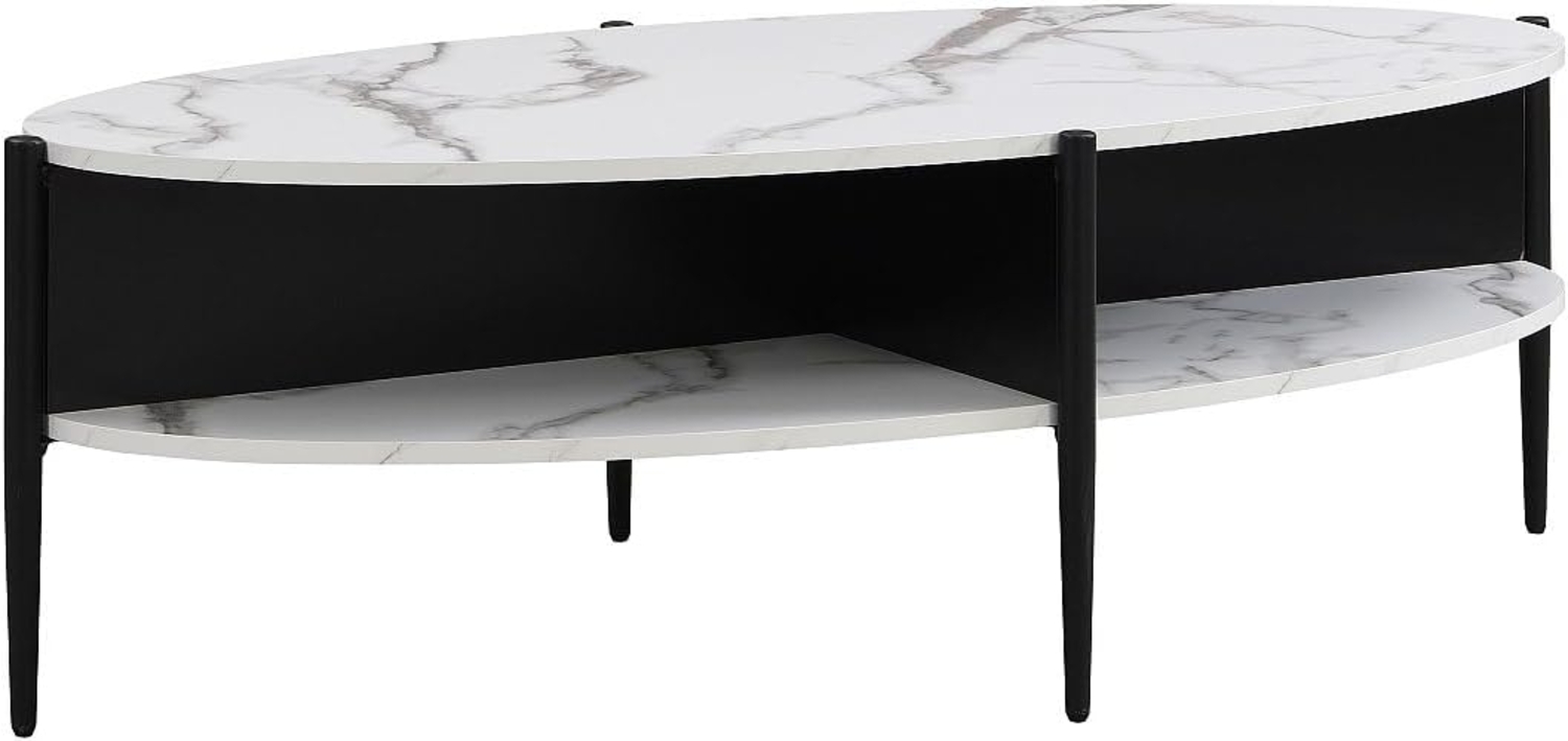 Vente-unique - Couchtisch oval mit 4 Ablagefächern - MDF & Metall - Marmor-Optik Weiß & Schwarz - EVARO Bild 1