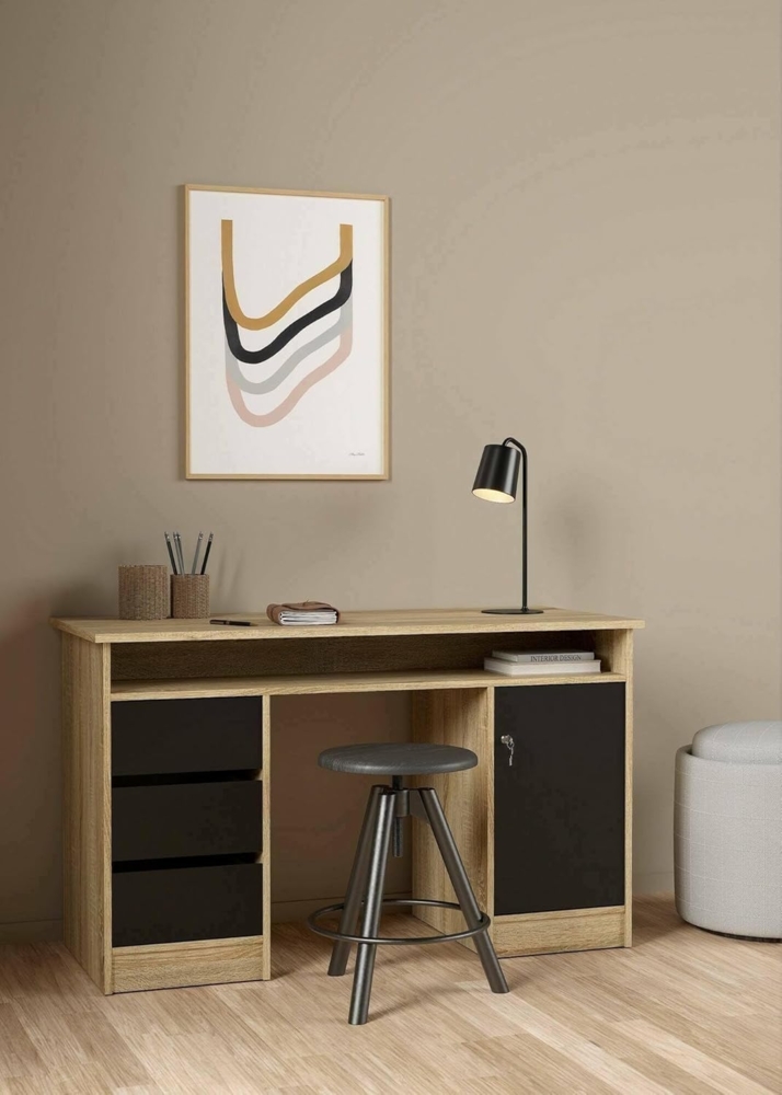Dmora - Schreibtisch Carine, Mehrzweckschreibtisch, Bürotisch für PC, Eckschreibtisch, 126x55 h76 cm, Eiche und Schwarz Bild 1
