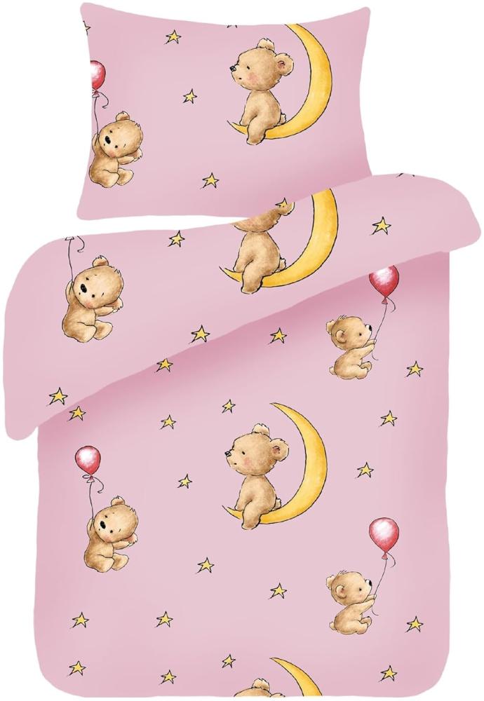 Kinder Bettwäsche 2-tlg (100x135cm / 40x60cm) Bettdecken Set, 100% Baumwolle - Babybettwäsche mit Motiv - Bärchen Rosa Bild 1