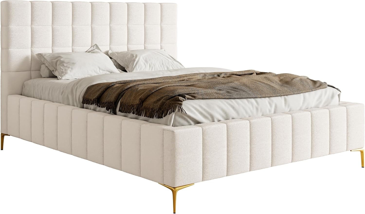 Selsey Bett Polsterbett Doppelbett 140x200 cm Mit Bettkasten Metallrahmen Goldene Beine Gasdruckfeder Schlafbett Chenille Creme Szejlo Bild 1