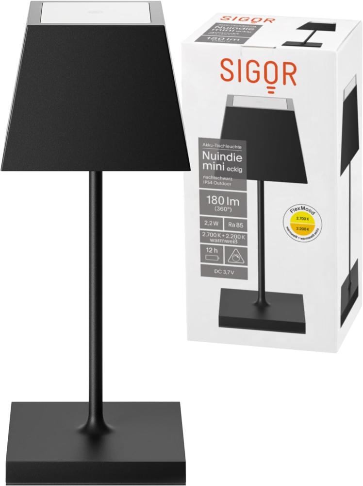 SIGOR Nuindie mini - Dimmbare kleine LED Akku-Tischleuchte Indoor & Outdoor mit eckigem Schirm, IP54 spritzwassergeschützt, Höhe 25 cm, aufladbar mit Easy Connect, 12 h Leuchtdauer, nachtschwarz Bild 1