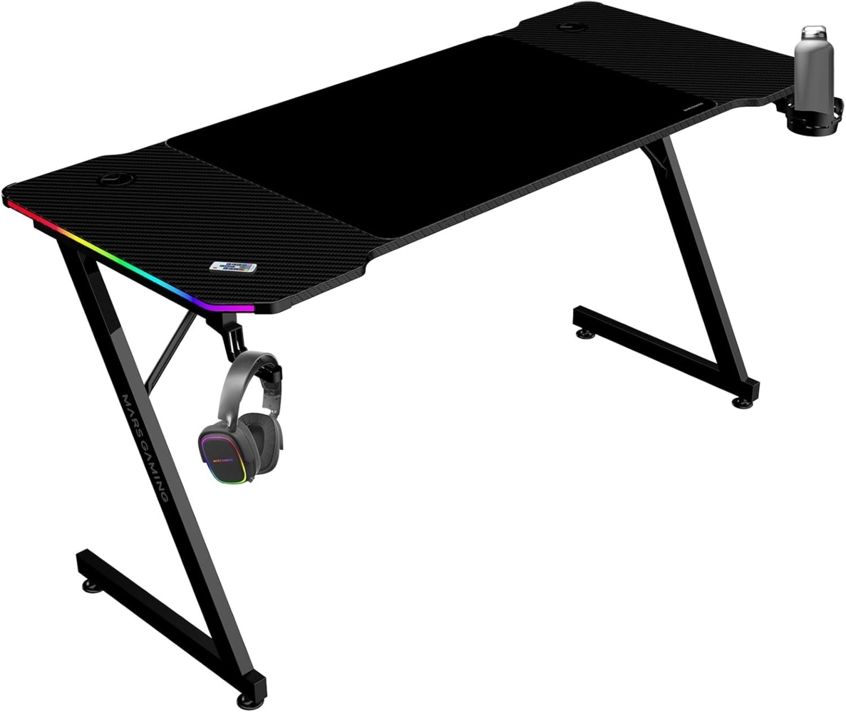 Mars Gaming MGD-X140RGB, Ergonomischer Gaming-Tisch, ARGB-Beleuchtung mit Fernbedienung, Carbonfaser, XXL-Mauspad, Kopfhörer und Getränkehalter, Kabelmanagement, Gaming-Schreibtisch 140x60 cm, Schwarz Bild 1