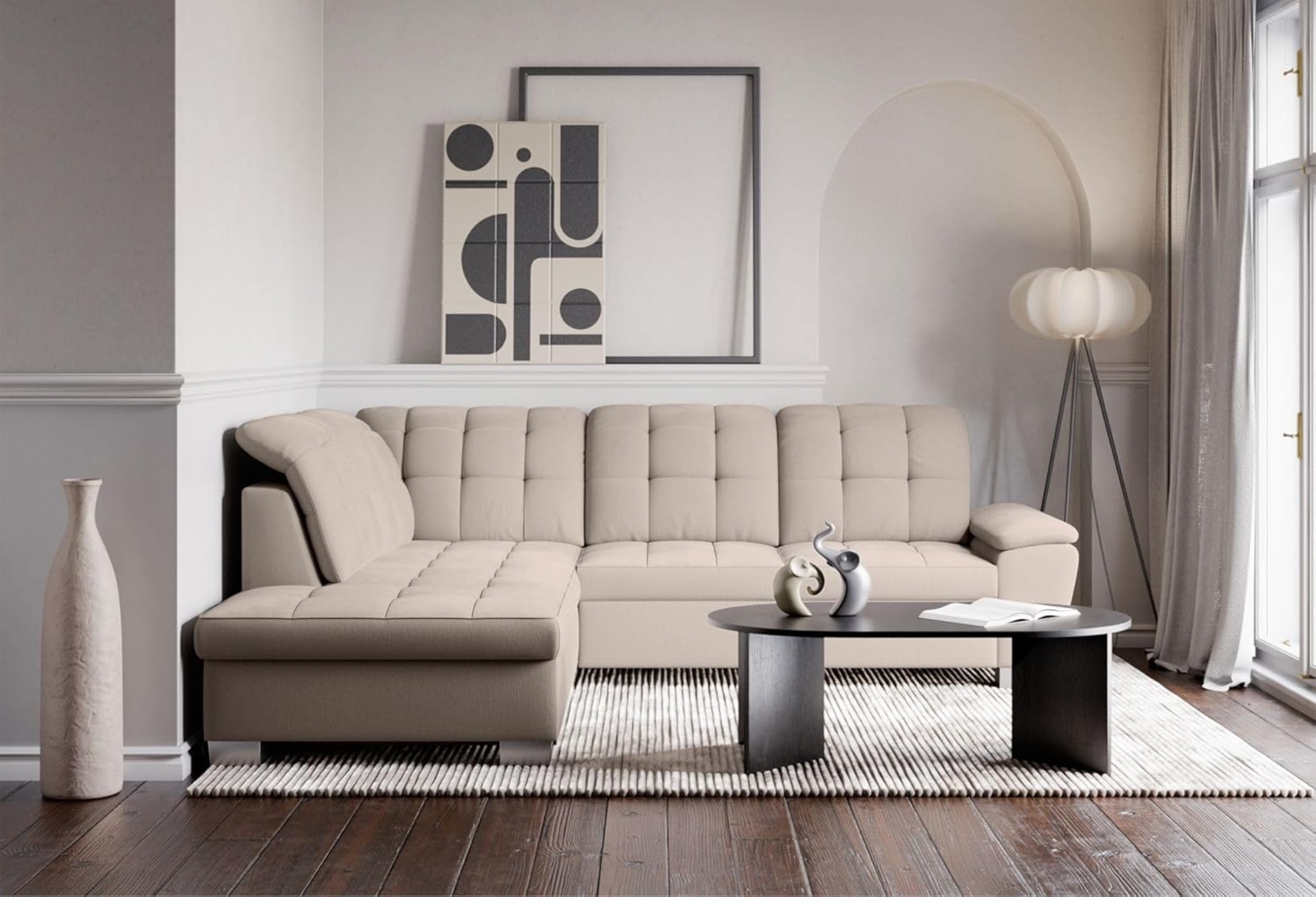 Selsey Couch 258x212 cm Ecksofa mit Schlaffunktion und Bettkasten, Modular Sectional Sofa, Stoff Verita Beige, Verstellbare Kopfstützen, Komfort & Stil für Wohnzimmer & Gäste Linkse Seite Bild 1