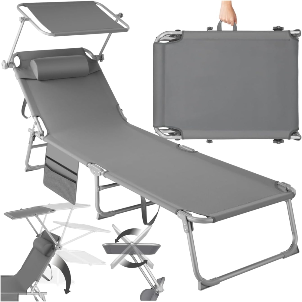 tectake® Sonnenliege klappbar, tragbar, Liege mit Seitentasche, Strandliege, Gartenliege mit Dach, Liegestuhl mit Verstellbarer Rückenlehne, inkl. Kopfkissen - für Balkon, Terrasse, Camping - grau Bild 1