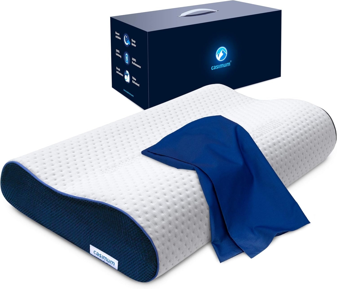 casimum Nackenstützkissen Orthopädisch mit atmungsaktivem Klimabezug, Füllung: Memory Foam, Bezug: Blau, Seitenschläfer, Rückenschläfer, ergonomisches Nackenkissen, höhenverstellbar 60x30 blauer Bezug Bild 1