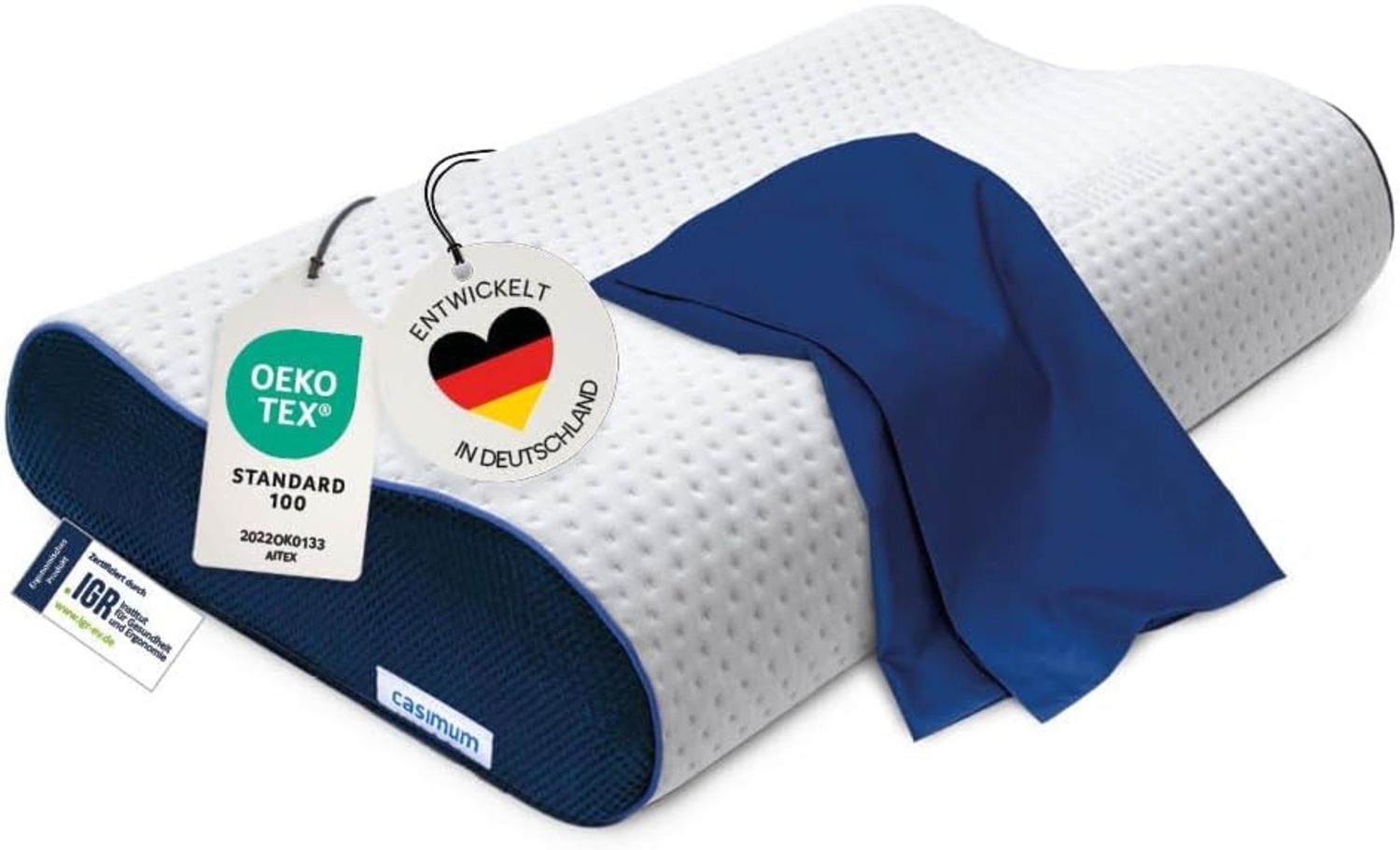 casimum Nackenstützkissen Orthopädisch mit atmungsaktivem Klimabezug, Füllung: Memory Foam, Bezug: Blau, Seitenschläfer, Rückenschläfer, ergonomisches Nackenkissen, höhenverstellbar 60x30 blauer Bezug Bild 1