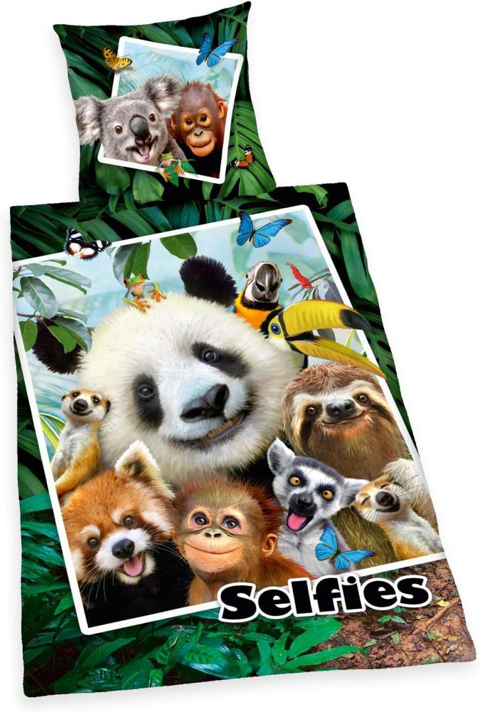 Herding Jugendbettwäsche Selfies Jungle 135x200cm Dschungel Panda Grün, Renforcé, 2 teilig, Dschungeltiere, Selfie mit Reißverschluss Bild 1