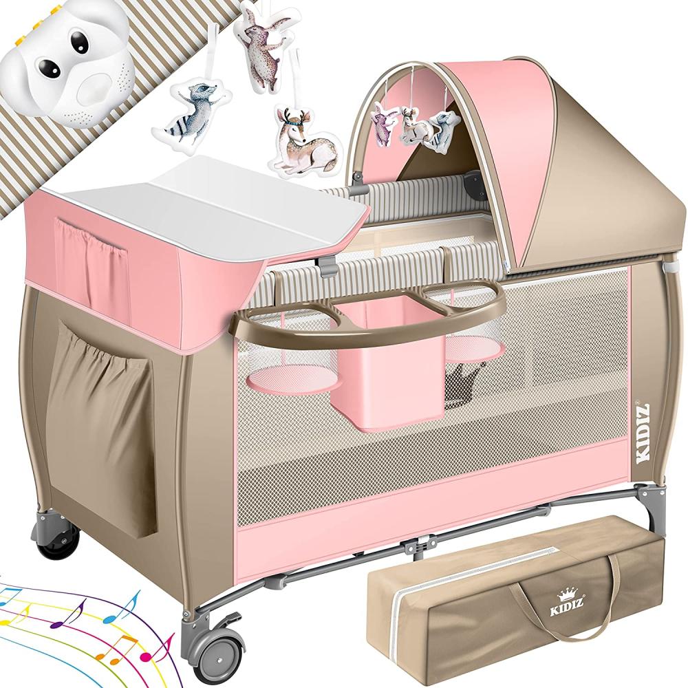 KIDIZ® Babybett 3 in 1 Reisebett Kombi Set Baby Bett mit Wickelauflage Moskitonetz Laufstall Baby ab Geburt bis 15 kg luftige Seitenwände mit Seiteneingang Tragetasche zusammenklappbar Rosa / Beige Bild 1