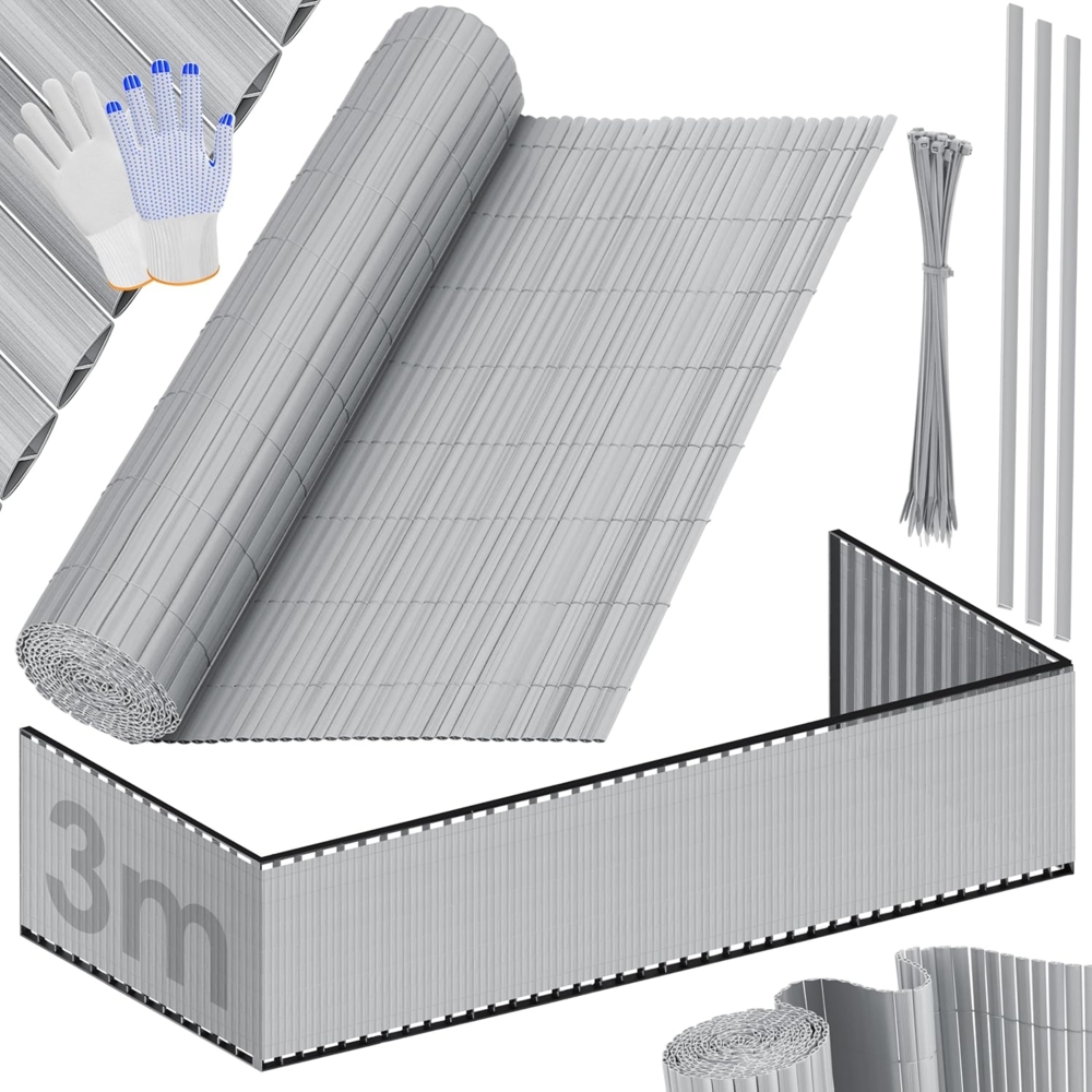 KESSER® PVC Sichtschutzmatte Sichtschutzzaun Balkonverkleidung Windschutz verstärkte Lamellen für Garten Balkon & Terrasse Balkonumrandung inkl Kabelbindern, Abdeckung & Handschuhe Hellgrau, 80 x 300 cm Bild 1