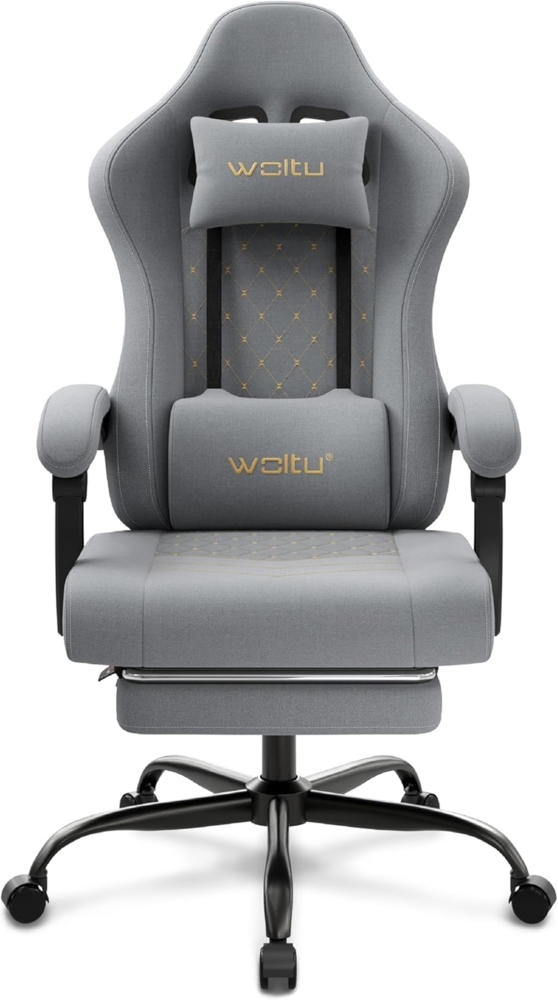 WOLTU Gaming Stuhl mit Massagefunktion, Computerstuhl mit Taschenfederkissen, Gamer Sessel ergonomisch, Drehstuhl mit Kopfkissen, Lendenkissen, Fußstütze, 150 kg, Netzstoff, Grau + Gelb, GS08gr Bild 1