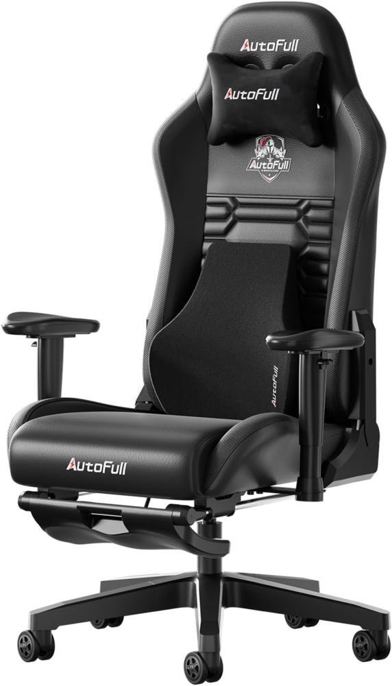 AutoFull Gaming Stuhl Bürostuhl Gamer Ergonomischer Schreibtischstuhl PC-Stuhl mit hoher Rückenlehne und Lendenwirbelstütze,Einstellbare Sitzhöhe und Rückenlehnenneigung, Fußstütze,Schwarz Bild 1