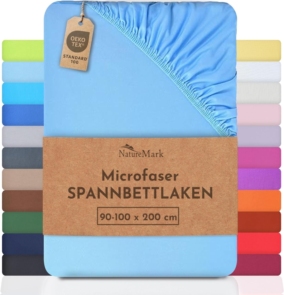 NatureMark Spannbettlaken Microfaser Spannbettlaken, Polyester, Gummizug: rundum, viele Größen und Farben Markenware, 90x200 cm, Hell blau Bild 1