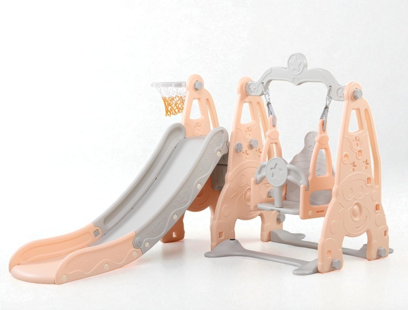 habeig Indoor-Rutsche 4-in-1 Kinder Spielturm Schaukel, Rutsche, Basketball 185x150cm Leiter, Sehr stabil, geschlossene Stufen, hoher Handlauf Bild 1