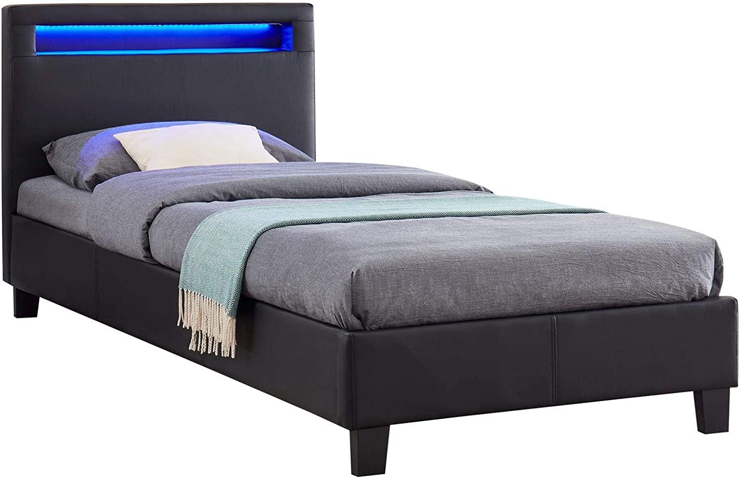 CARO-Möbel Polsterbett Mandalay mit LED Beleuchtung Einzelbett Lederbett 90 x 200 cm mit Lattenrahmen, Lederimitat in schwarz Bild 1