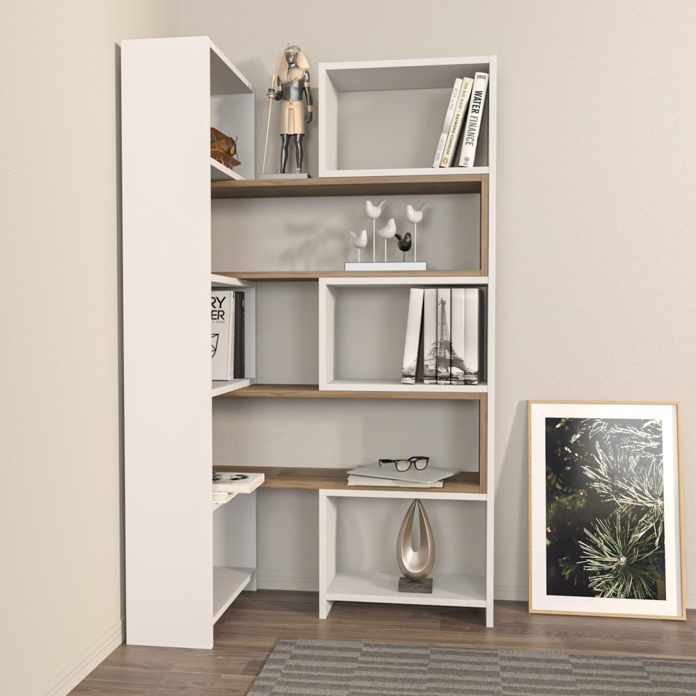 Hanah Home Elegant Bookshelf, White & Walnut, 163.5 x 150 x 22 cm | 100% Melamine Coated Particle Board, 18 mm Thick | Stylish Storage for Modern Homes Bild 1