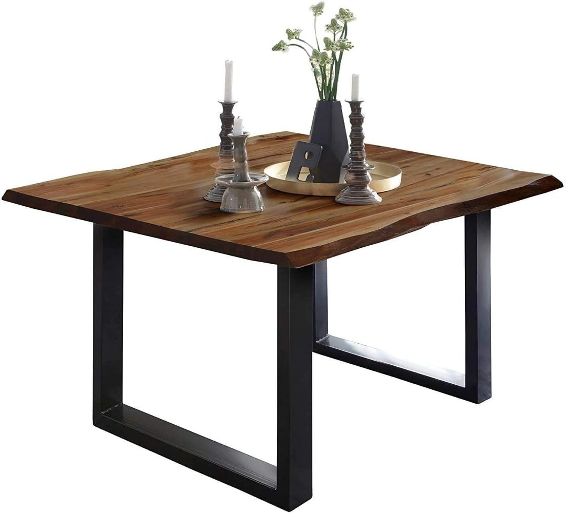 SAM Baumkantentisch 90x90 cm Mephisto, Akazienholz massiv + nussbaumfarben lackiert, Esstisch mit schwarz lackiertem U-Gestell, Esszimmertisch/Holztisch im Industrial-Design, Tischplatte 26 mm Bild 1