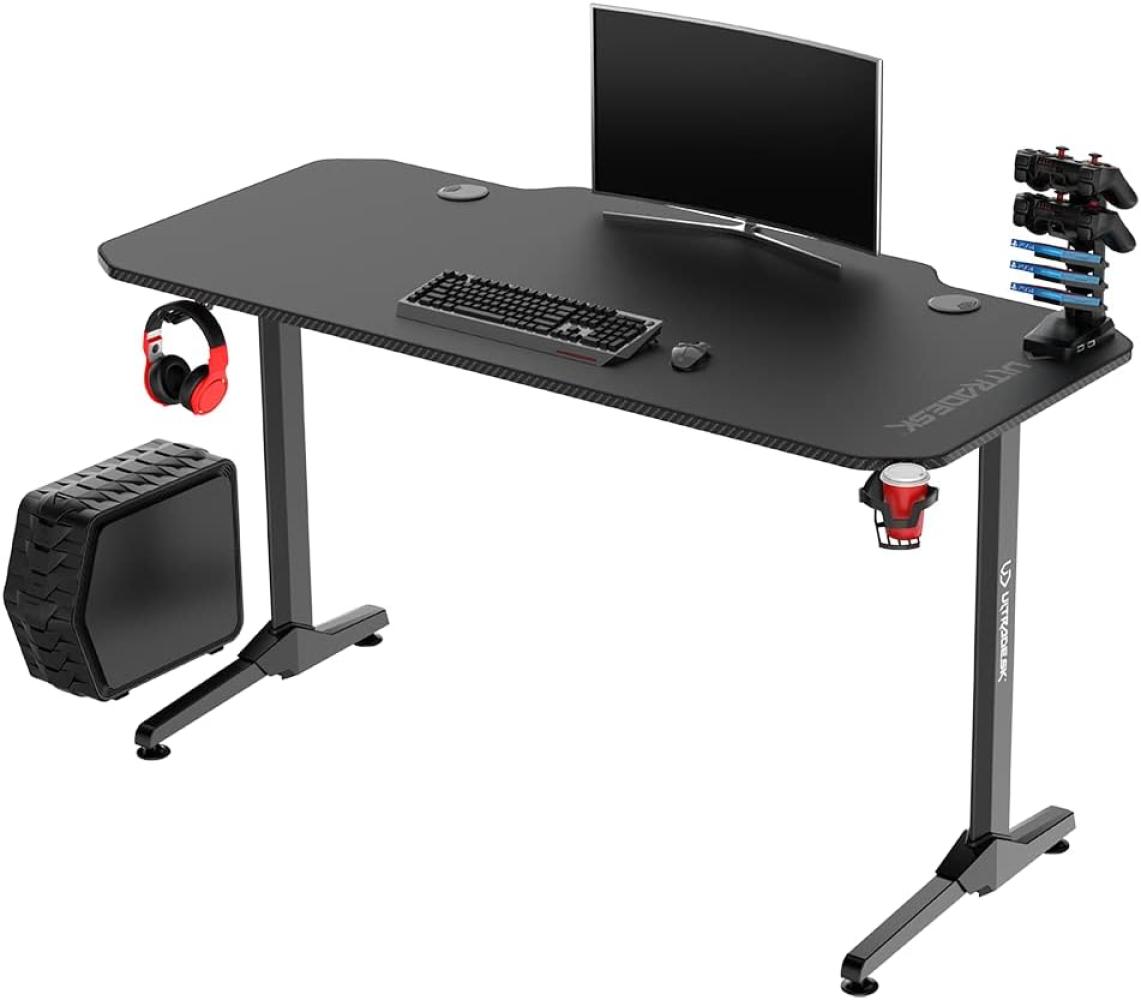 ULTRADESK Frag RGB LED | Gaming-Schreibtisch mit großer Arbeitsfläche & XXL-Pad, 2 Kabeldurchlässe | Gut für Home Office, Fach für Steckdosenleisten | Stahlrahmen, Blaues Pad, 140x66 cm Bild 1