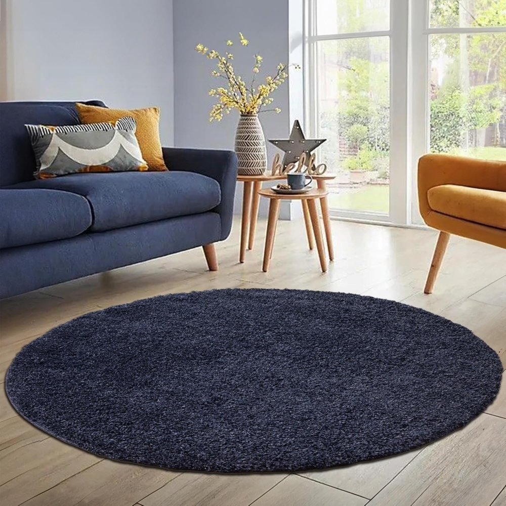 HomebyHome Teppich Rund Hochflor 200 cm Rund - Shaggy Runder Teppich Wohnzimmer Marineblau Extra Weich und Flauschig - Waschbarer Langflor Teppiche für Schlafzimmer, Küche, Flur - Carpet, Halı, Kilim Bild 1